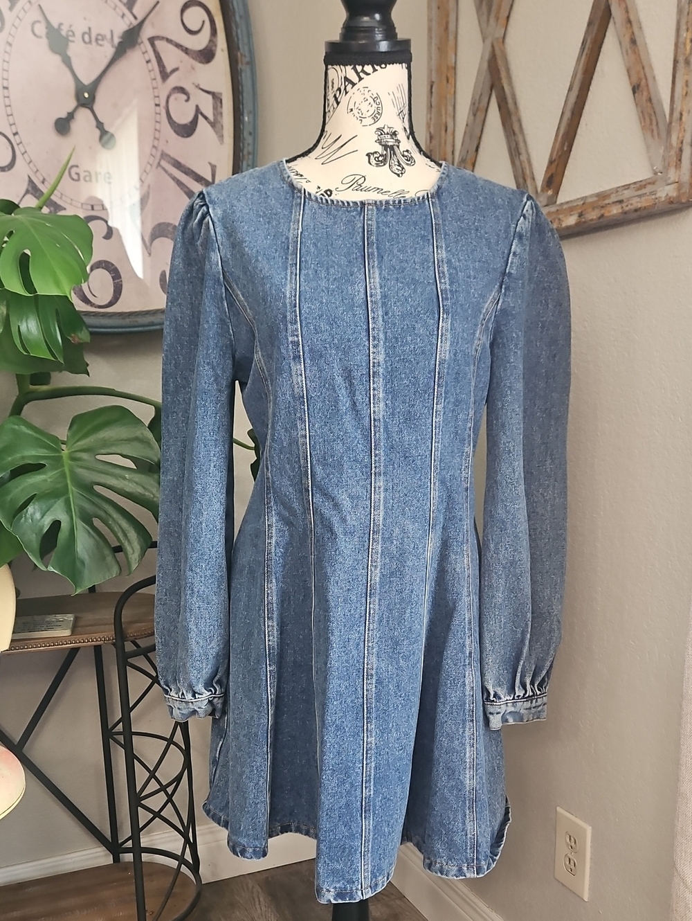 Papermoon Blue Denim Long-Sleeve A-Line Dress with Pintuck Seams New With Tags